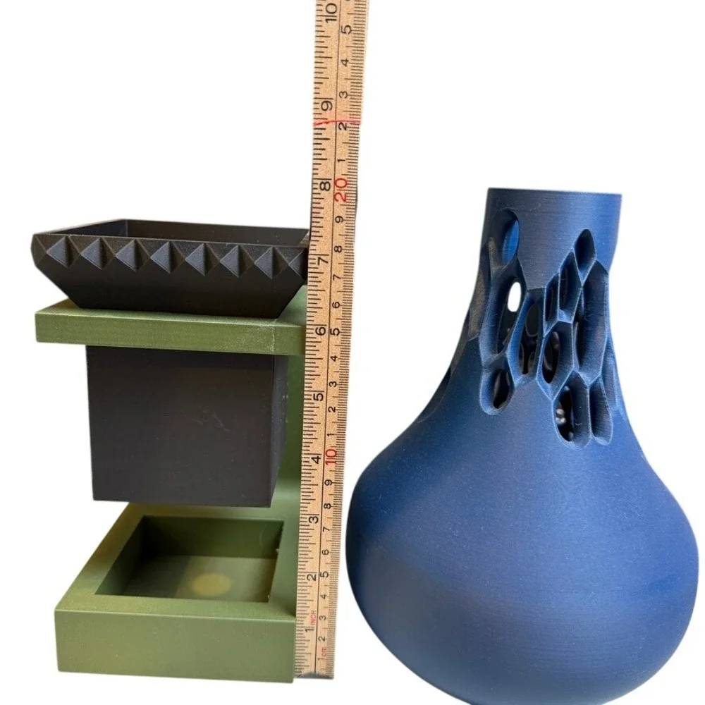 3D Printed Voronoi Vase & Geometric Planter Set Blue Green Brutalist Avant-Garde